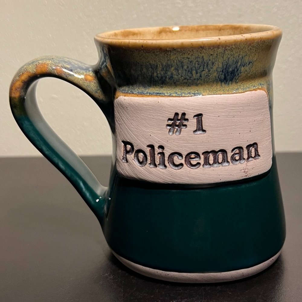 TUMBLEWEED POTTERY Number 1 Policeman Handcrafted Drip Glaze Green Coffee Mug